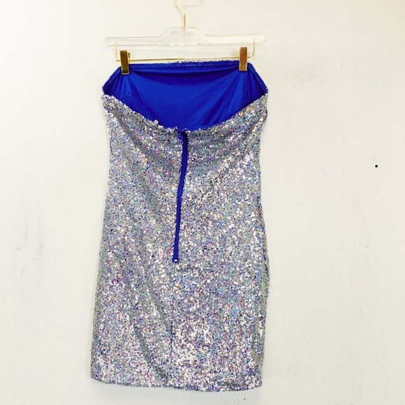 CHARLOTTE RUSSE Dress Silver Blue Bodycon Mini MEDIUM Cocktail Strapless Sparkle - Picture 6 of 9